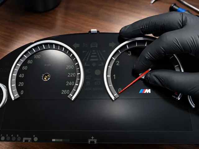 Рука в перчатке ставит стрелку на щиток приборов BMW M